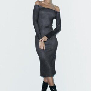 Zara Bodycon Dress Knit Off The Shoulder Fitted Ombre Charcoal Brown